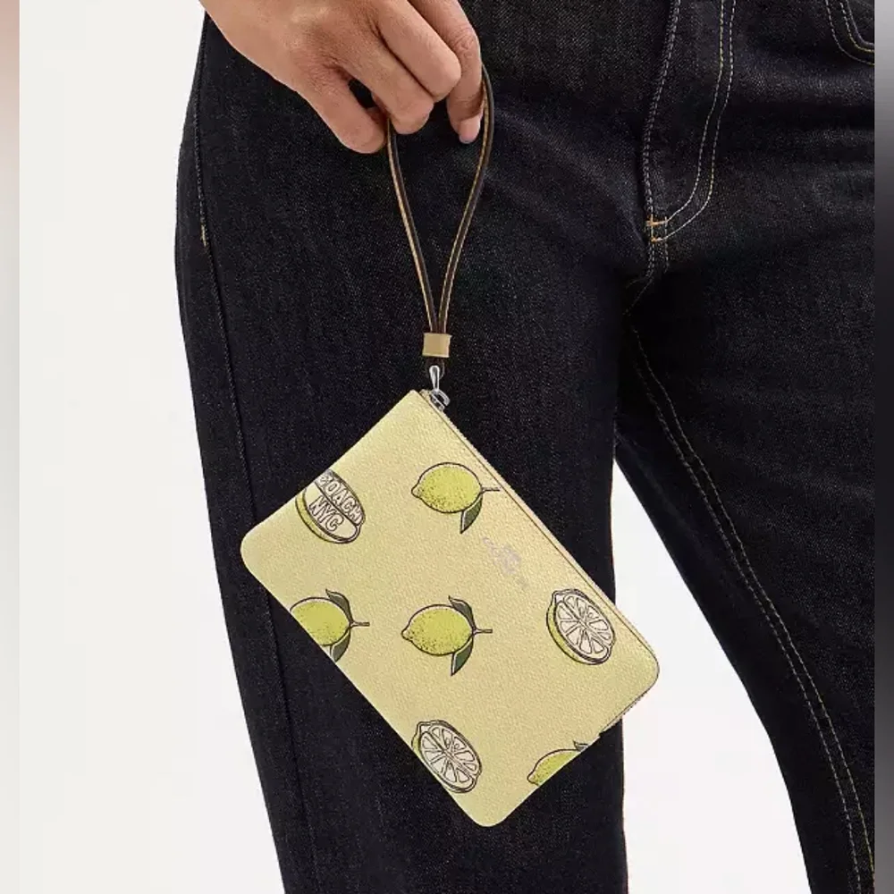 Coach Corner Zip Wristlet With Lemon Print